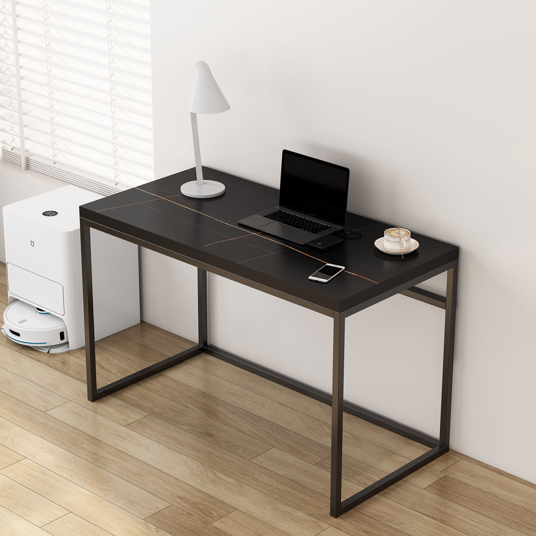 Censi Black Marble Writing Computer Desk, 47 Inch Home Office Desk, Wood and Metal, Modern Industrial Style (Black Marble)