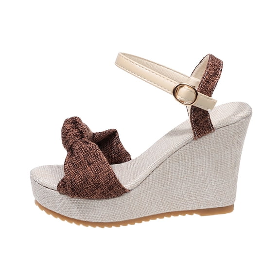 CYMMPU Women's Bow Decor Ankle Strap Wedge Sandals, Open Toe Platform Espadrille Heels, Comfort Summer Casual Dress Shoes for Beach Travel Coffee 42