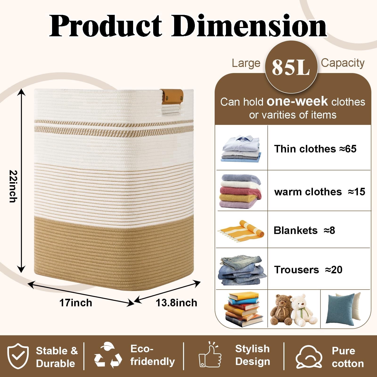 85L Large Foldable Laundry Hamper Basket with Leather Handles - Breathable Cotton Collapsible Storage Bin for Bedroom, Living Room, Dorm