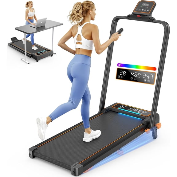 4-in-1 Folding Treadmill with 15% Incline, Portable Walking Pad with Handle Bar, Under Desk Treadmill with 3.5HP Quiet Motor, LED Display, APP & Remote Control for Home Office Workout