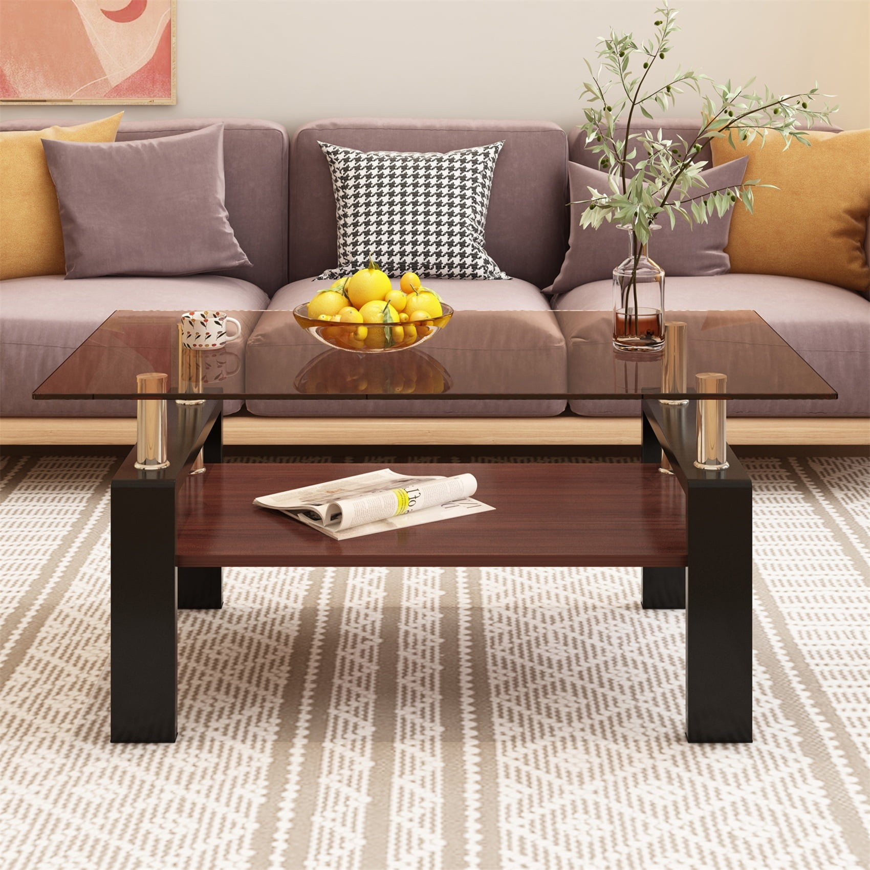 Alvantor Glass Coffee Table, 38.6" Modern Rectangle Tables with MDF Layer for Living Room Brown