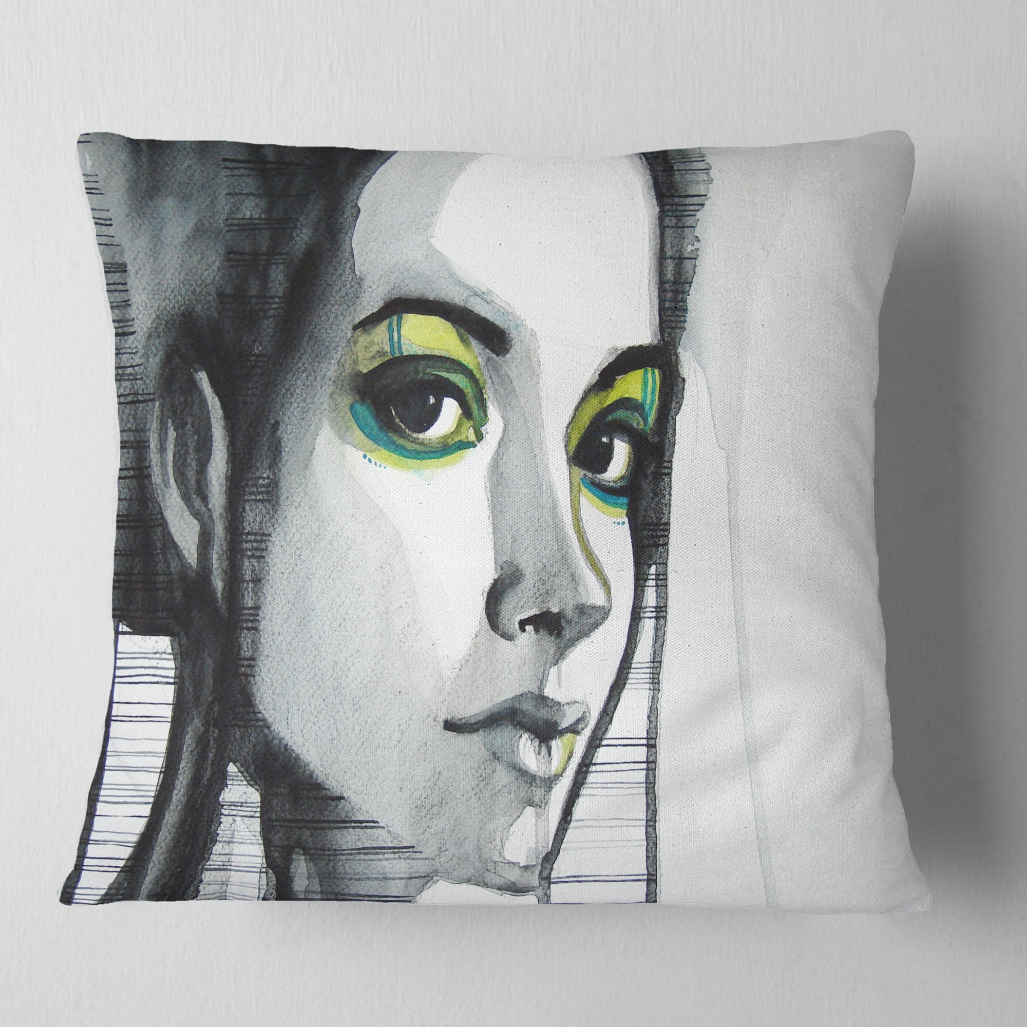 Designart Black Illustrated Girl - Abstract Portrait Throw Pillow - 18x18