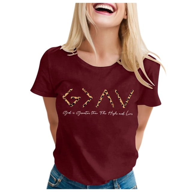 TSADFHJI Hauts Pailletés Femmes Dieu Est Plus Grand Que les Hauts et les Bas T-Shirt Femmes Chandail Manches Courtes Top Graphique L Rouge