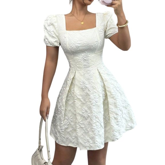 Women's Fashionable Solid Color Square Neck Short Sleeved Dress Elegant Puff Sleeve Sweetheart Beach Party A Line Mini Dresses