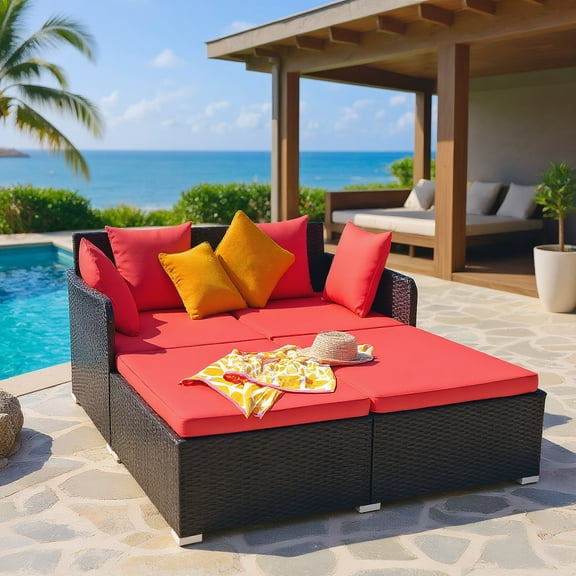 GVN Spacious Outdoor Rattan Daybed with Upholstered Cushions and Pillows-Red, Outdoor Sofa Sectional for Patio Back Deck, Balcany, Poolside