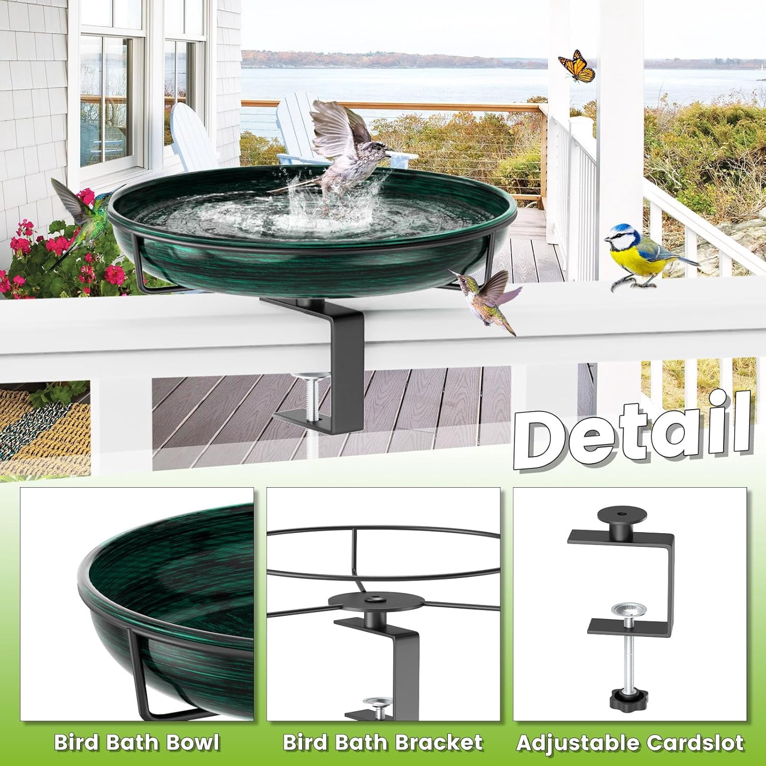 Deck Mounted Metal Bird Bath for Outside, Detachable Birdbath Bowl with Adjustable Steel Clamp, Outdoor Bird Feeder for Railing Balcony Fence Yard Art Garden Decor (Vintage Bronze)