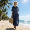 thumbnail image 5 of aohooy Cowl Neck Maxi Dress for Women Summer Casual Short Sleeve Cotton Long Length Dresses with Pockets Flowy Beach Sundress Navy,XL, 5 of 9