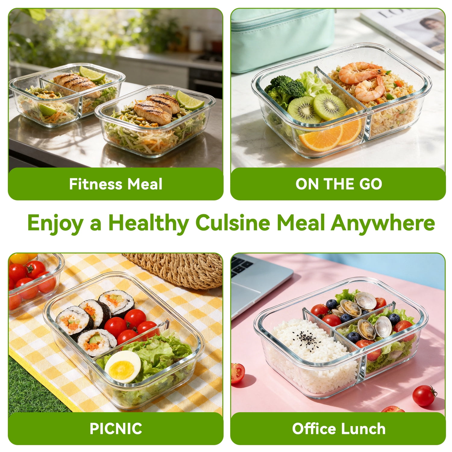 5 Pack 36oz Glass Meal Prep Containers with Lids, 1&2&3 Compartment Airtight Glass Food Storage, Microwave & Dishwasher Safe, Blue
