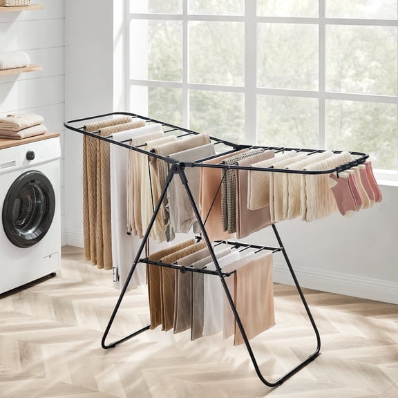 Foldable Clothes Drying Rack with Sock Clips Laundry Drying Rack with Height-Adjustable Gullwings Black