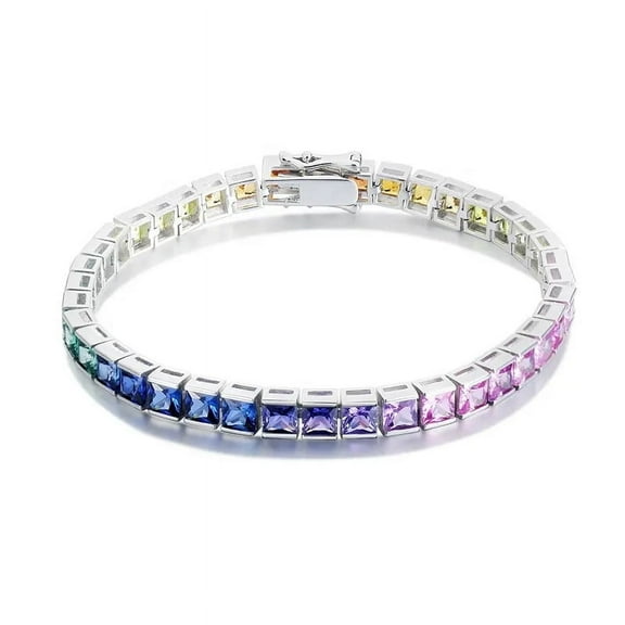 Elegant Princess Cut Lab-Created Multi Sapphire Bar Set Tennis Bracelet in 925 Sterling Silver for Women - Vibrant Colors, Durable Design, Perfect Gift, Hypoallergenic Jewelry