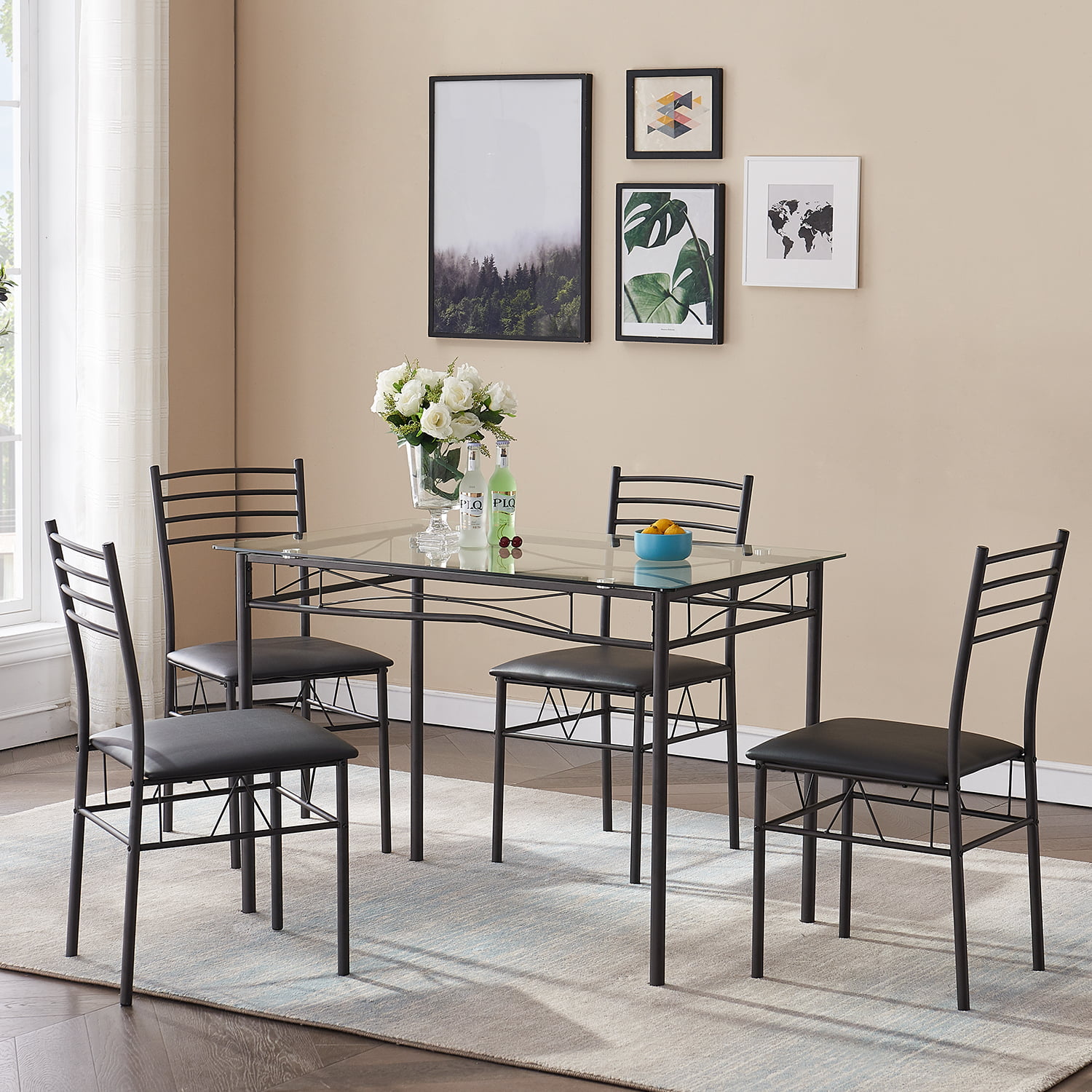 VECELO 5 Piece Dining Table Set Glass Top Rectangle Dine table And 4