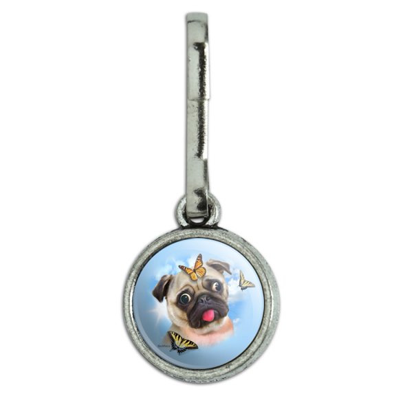 Pug Dog Butterflies Selfie Antiqued Charm Clothes Purse Suitcase Backpack Zipper Pull Aid