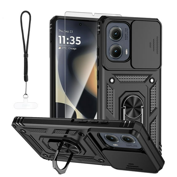 Dteck Phone Case For Motorola Edge (2024) with HD Screen Protector, Shockproof Slide Lens Magnetic Rotated Ring Kickstand Hybrid Hard Phone Case with Hand Strap, Black