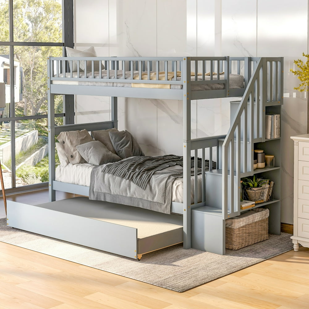 Euroco Twin Over Twin Bunk Bed with Trundle and Storage Shelves, Gray
