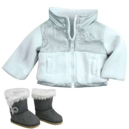 Sophia's Fleece Zip-Up Jacket with Faux Suede Ewe Boots for 18" Dolls, White/Gray