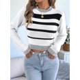 thumbnail image 6 of Women Casual Color Block Stripe Ribbed Crew Neck Slim Cropped Long Sleeve Knit Pullover Sweater White S, 6 of 10