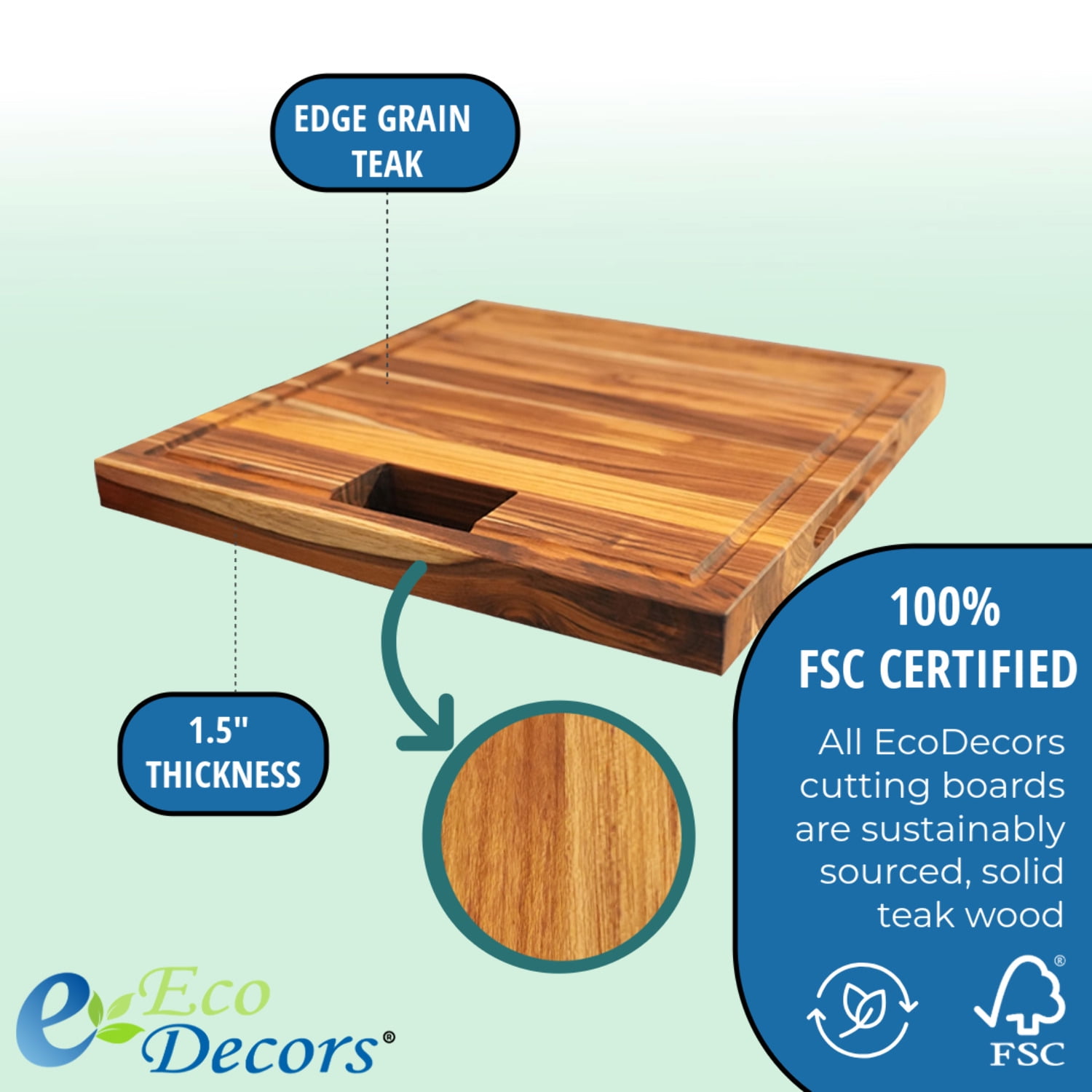 EcoDecors 17" x 18" FSC Teak Edge Grain Cutting Board with Groove  Handle