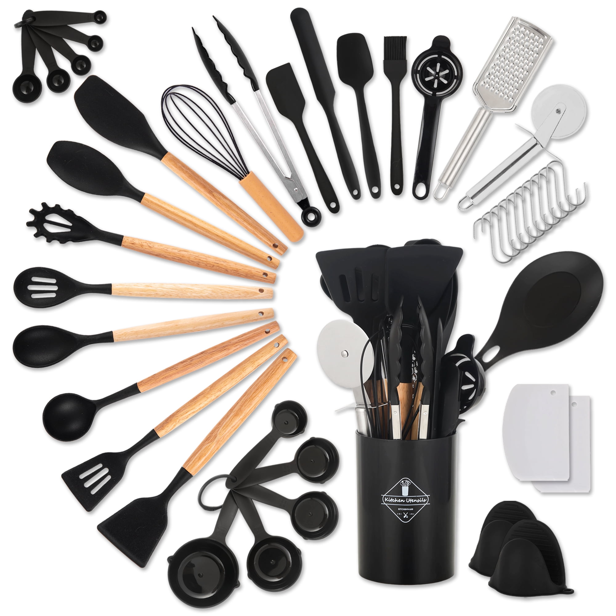 HEESEM 43 Pcs Silicone Kitchen Utensils Set with Wooden Handles, Heat Resistant Nonstick Spatula & Cooking Tools with Holder Black