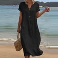 thumbnail image 4 of Women's Cotton Linen Midi Dress Casual Solid Short Sleeve V Neck Button Button Loose Summer Tshirt Dresses Beach Vacation Sundress, 4 of 7