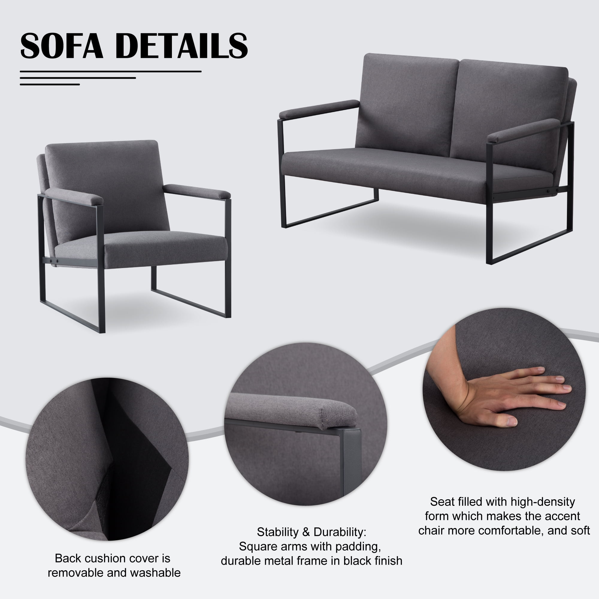 Gewnee Dark Gray 26.8” Metal Frame Accent Armchair, Linen Blend Soft Cushion Chair for Residential Living Space