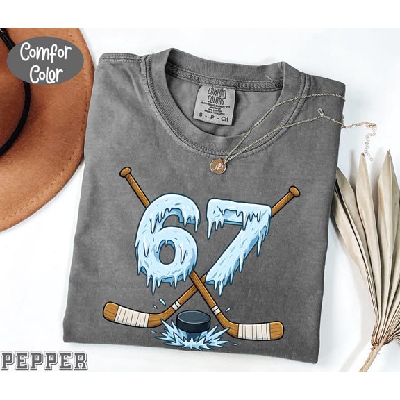 67 Ice Drip Hockey Number Graphic Shirt Frozen Style Hockey Sticks Puck Sports Artwork Comfort Colors Unisex Cotton T-Shirt, Sizes S-3XL