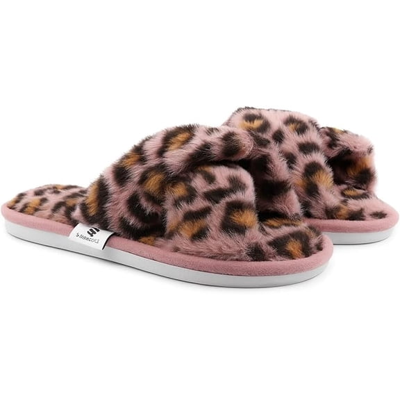 Leopard Print Slippers for Women, Faux Fur Fuzzy Memory Foam Slides/ Comfy Footwears, Pink, 9