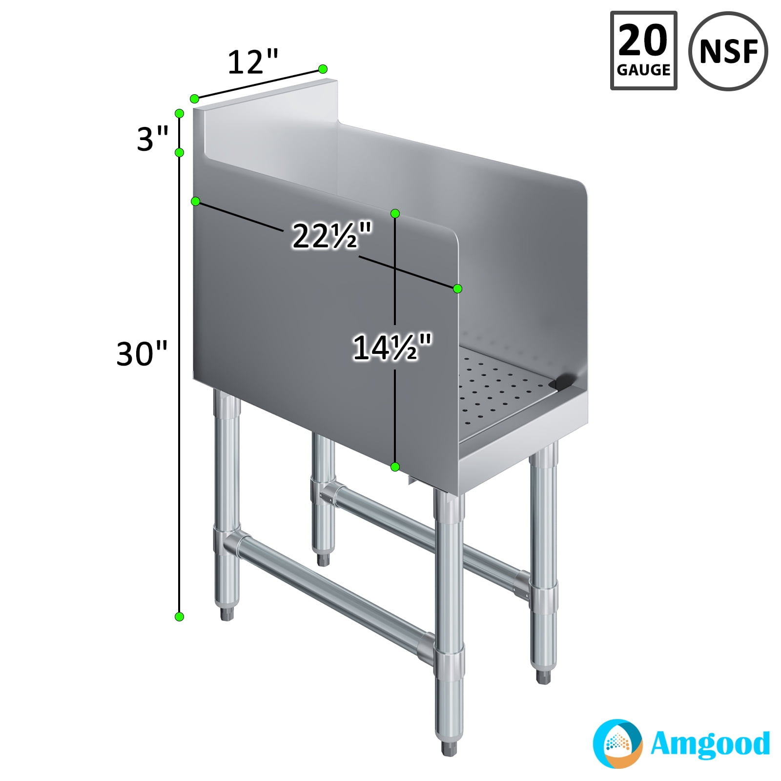 AmGood Recessed Underbar Drainboard – 22.5 in. x 12 in. x 30 in. H with 3 in. Backsplash, Removable Perforated Drainboard, 304 Stainless Steel, Side Splashes, Galvanized Legs, 1.5 in. Drain Included