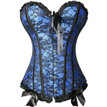 TrdSipl Lace Corset Tops for Women Lace Up Plus Size Corset Lingerie Satin Boned Tummy Control Shapewear Cute Floral Trim Halloween Costume Blue 2XL
