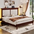 thumbnail image 3 of Lifezone Queen Solid Wood Platform Bed Frame, White Diamond Tufted Upholstered Headboard with LED Light, Noise-Free, Reddish Brown, 3 of 7