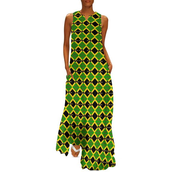 Jamaica Flag Dress Green And Yellow Night Club Maxi Dress Streetwear Boho Beach Long Dresses Women Sleeveless Oversized Clothes