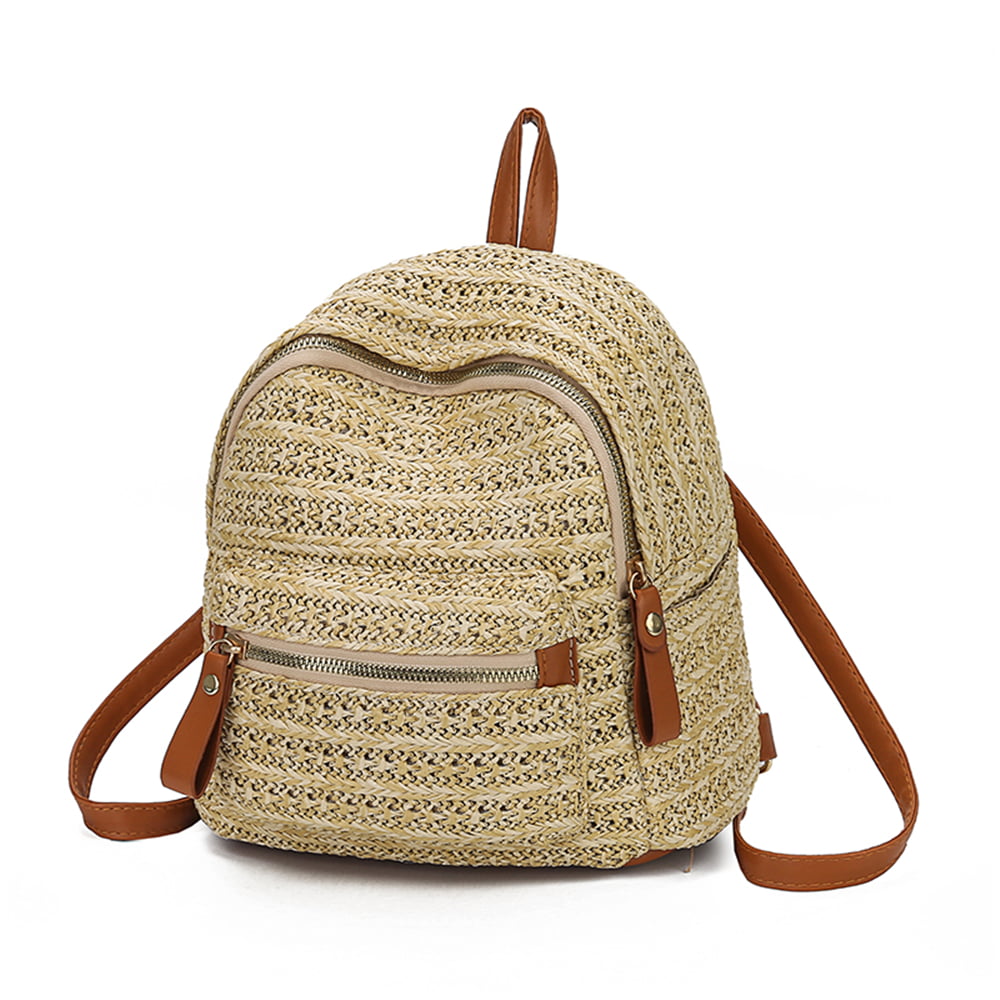 Fashion Straw Woven Backpack Women Back Pack Summer Teenage Girl Quality Backpacks Travel Bags,Khaki