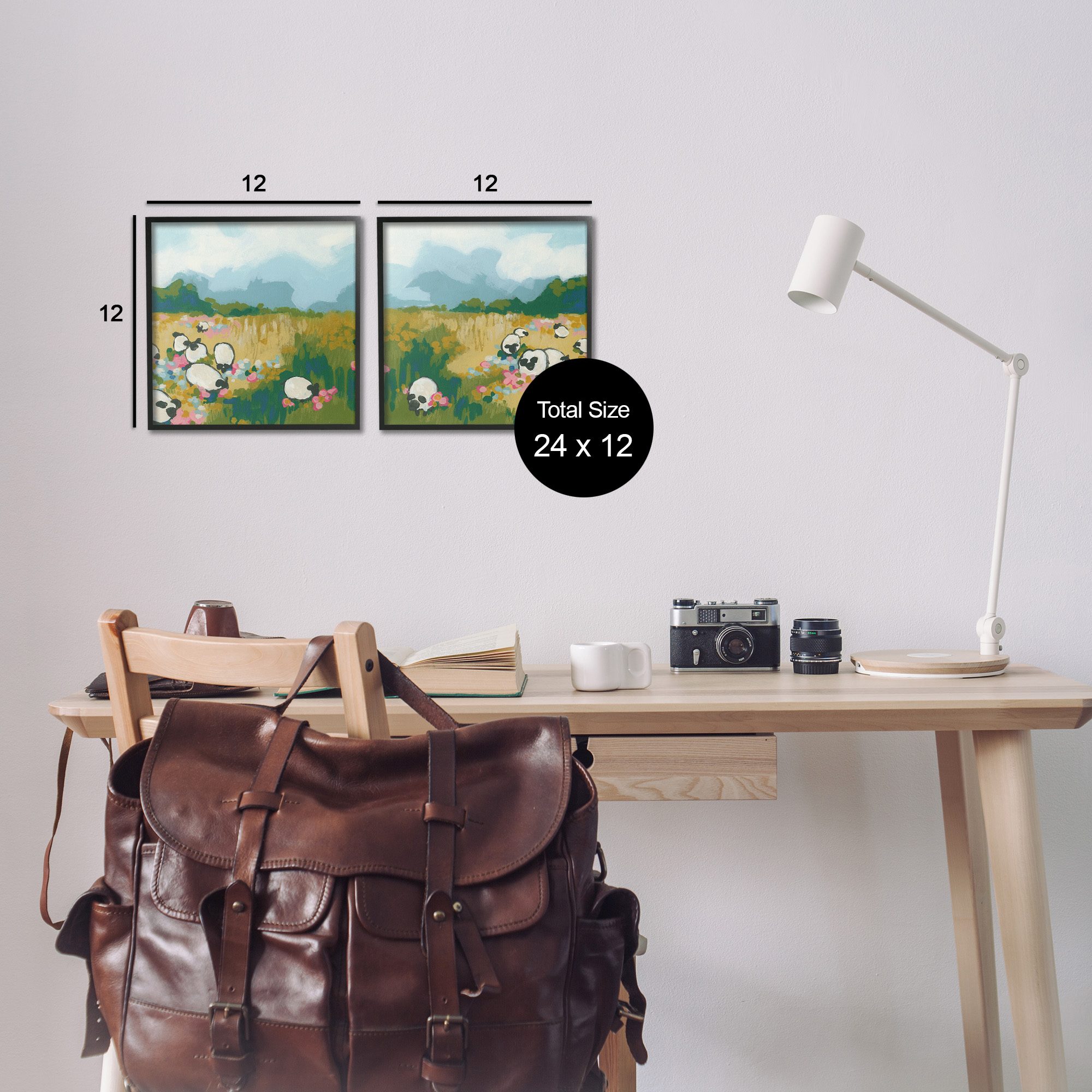 Stupell Industries Scattered Sheep in Field Landscape Painting Black Framed Art Print Wall Art, 12 x 12, Set of 2