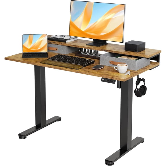 Claiks Electric Standing Desk with 2 Drawers, Adjustable Standing Desks with Storage, Height Adjustable Stand up Desk for Home Office with 2 Hooks,48 Inch Ruist Brown