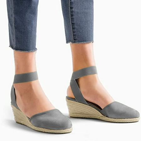 Zpanxa Womens Sandals Women s Suede Casual Elastic Band Platform Straw Woven Wedge Single Sandals Shoes Wedge Sandals for Women Gray 40