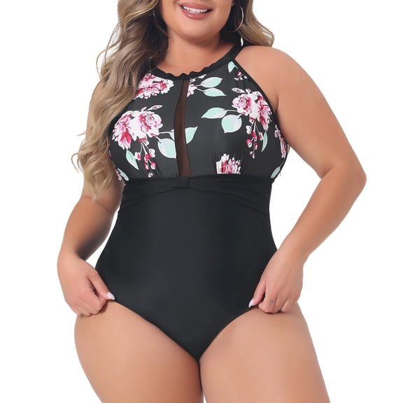 Agnes Orinda Plus Size Bikini Swimsuits for Women Floral Swimwear High Waisted One Piece Bathing Suits