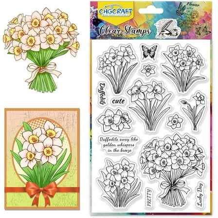Daffodils Clear Stamps Flowers Butterfly Transparent Silicone Stamps Spring Flowers Silicone Clear Stamp Seals for Cards Stamps Making DIY Scrapbooking Photo Journal Album
