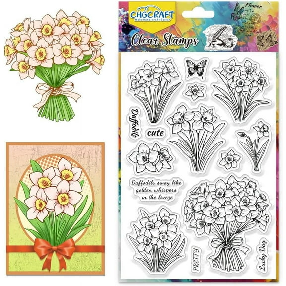 Daffodils Clear Stamps Flowers Butterfly Transparent Silicone Stamps Spring Flowers Silicone Clear Stamp Seals for Cards Stamps Making DIY Scrapbooking Photo Journal Album