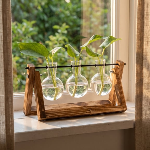 Zehuanyu 3-Piece Transparent Glass Hydroponic Vase Set with Wooden Stand, Decorative Flower Planter for Home and Office