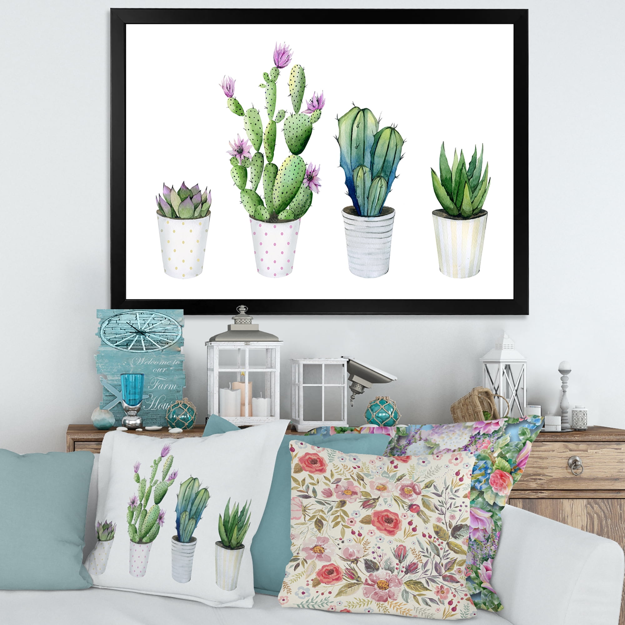 Designart 'Aloe Vera Cactus Succulent Home Plants In The Pots' Farmhouse Framed Art Print