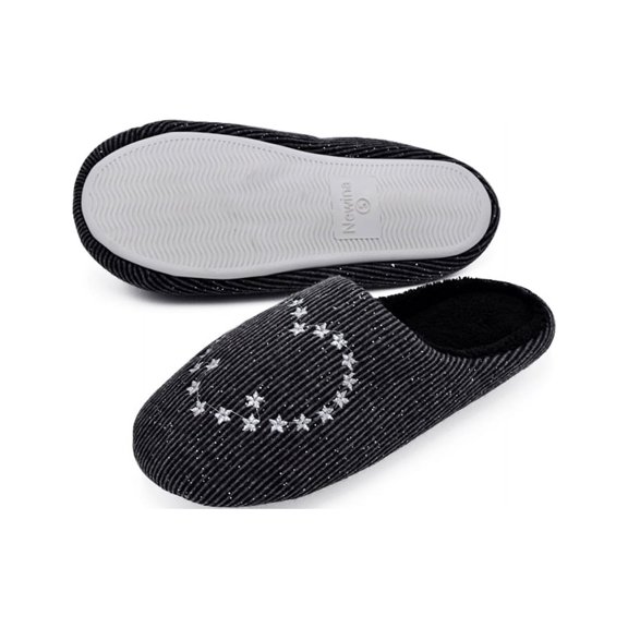 Newina Women’s Memory Foam Clog Slippers Coral Velvet Lined Embroidered Cotton Knitting Fabric House Shoes,Anti-Skid Rubber Sole