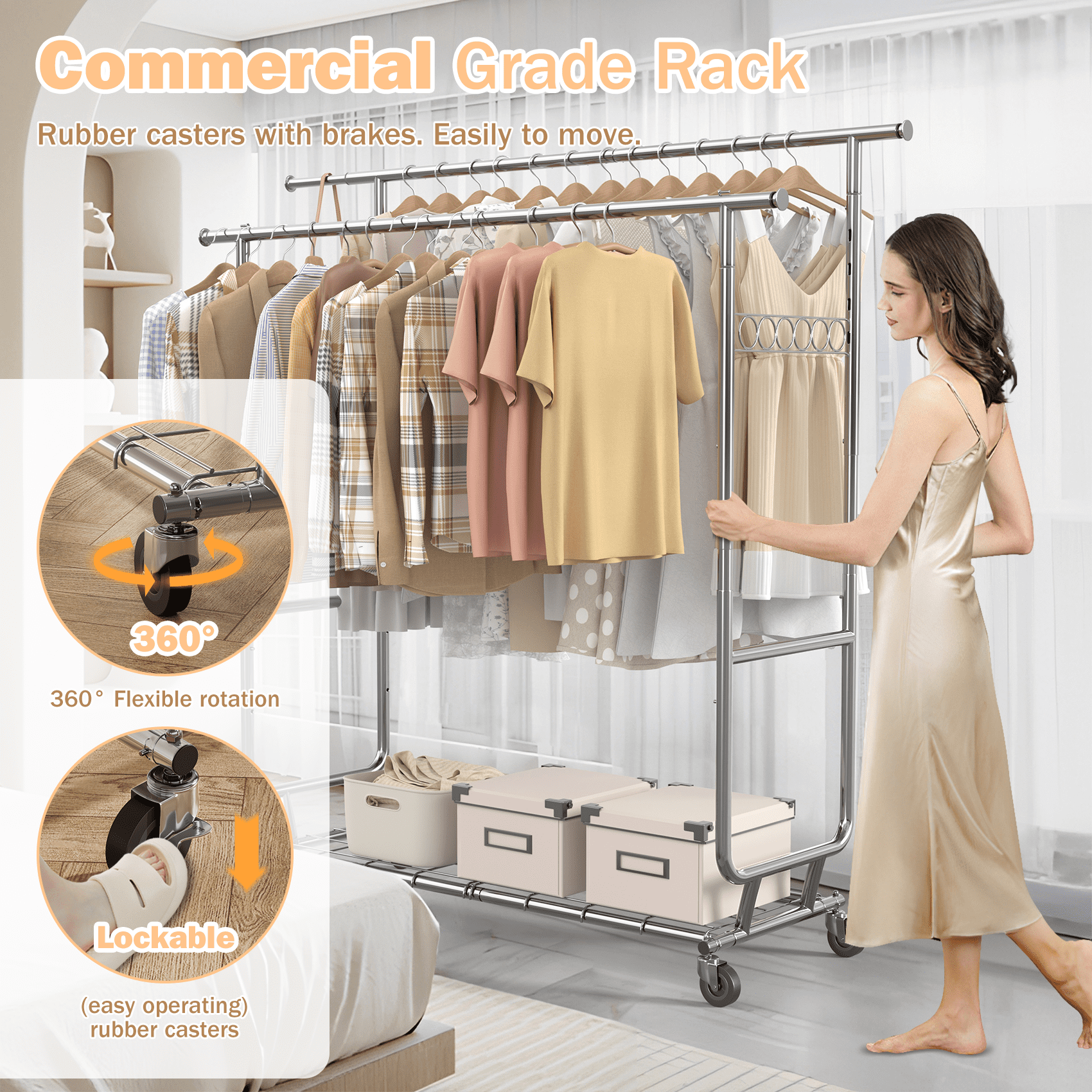 Mr IRONSTONE 600 lbs Commercial Grade Heavy Duty Garment Rack with Shelves Collapsible Clothing Racks on Wheels Rolling Clothes Rack for Hanging Clothes Portable Adjustable, Chrome Finish