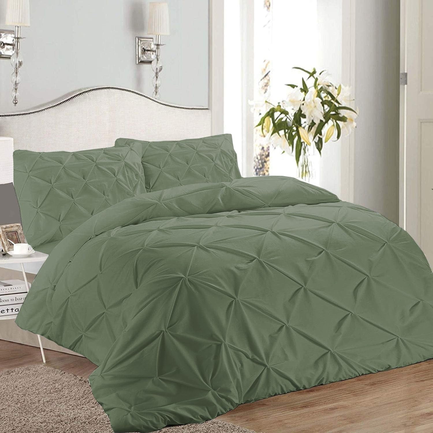 3 Piece Pinch Pleated Duvet Cover Set 100% Cotton 1000 TC with Zipper Closure & Corner Ties Pintuck Bedding Duvet Cover - King/California King Size (94" x 104") Inch, Sage Solid
