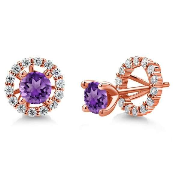 Gem Stone King 18K Rose Gold Plated Silver Purple Amethyst and Moissanite Stud Earrings (1.37 Cttw, Gemstone Birthstone, Round 5MM)