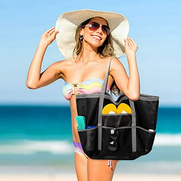 Bolsa de playa grande Bolsas para piscina Bolsa de playa de malla para juguetes toalla chanclas tamano desplegado aproximadamente 42 38 20 cm