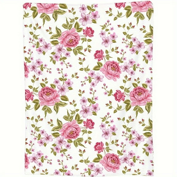 [Pink Floral Soft Fleece Blanket] Soft Fleece Throw Blanket with Pink Floral Design - Perfect for All Seasons