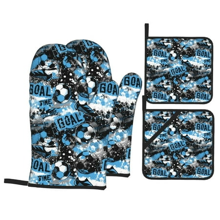 

Oven Mitts and Pot Holders Sets 4 pcs soccer Football ball goal blue Non-Slip Oven Gloves Potholders Soft Quilted Lining Heat Resistant Gloves Hot Pads for Kitchen Cooking Baking