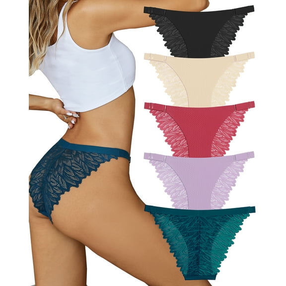 Finetoo Lace Underwear for Women No Show Bikini Soft Breathe Seamless Panties Ladies Cheeky Hipster 5 Pack