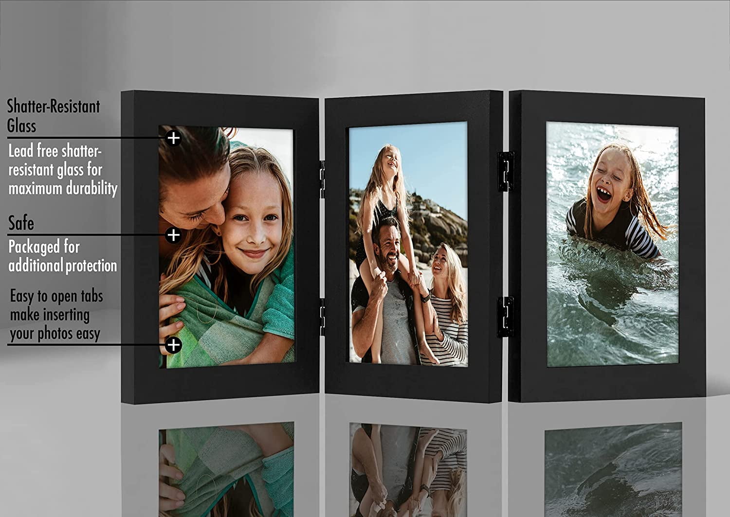 Americanflat Hinged 3 Photo Frame in Black MDF - Desk Photo Frame for 5X7" Photos - Tri Folding Picture Frame For Desk - Displays 3 Photos with Shatter-Resistant Glass Covers