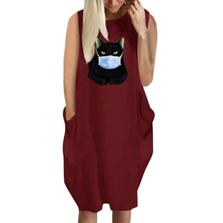 

UPAIRC Women Cat With Mask Printed Sleeveless Tank Dress Holiday Casual Tops Pajamas Sundress With Pockets