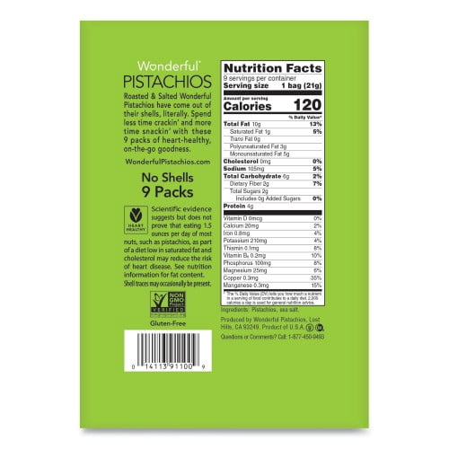 Paramount Farms Wonderful No Shells Pistachios, Roasted and Salted, 0.75 oz Bag, 9 Bags/Box, 4 Boxes/Carton